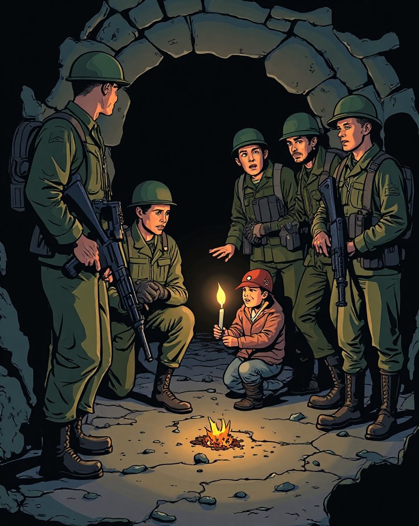 Civilians huddled with soldiers in a dim cellar lit by a single candle.