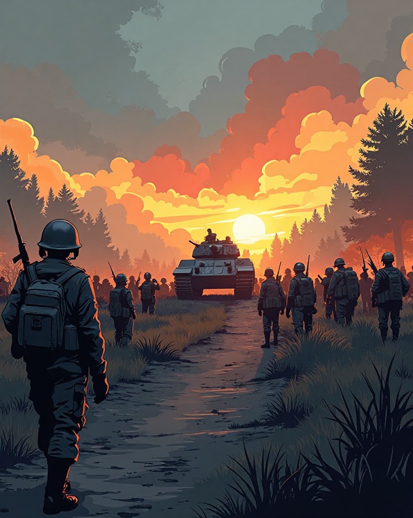 German infantry and a tank massing at the edge of the square at dawn.
