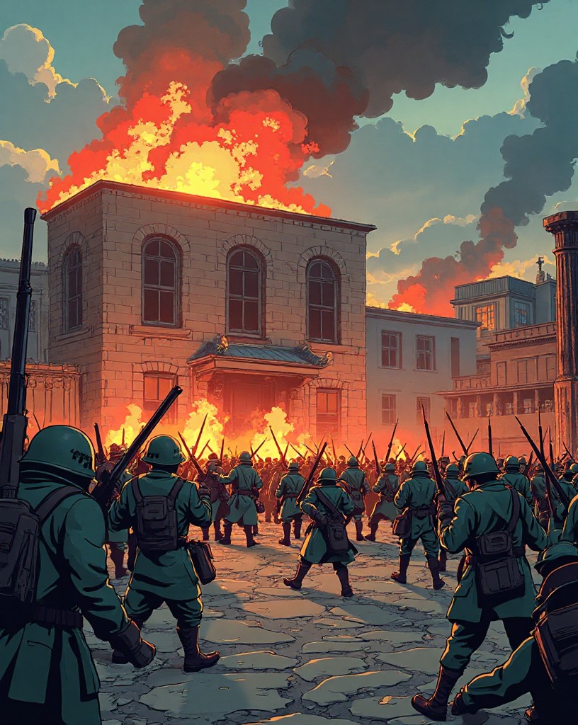 Waves of infantry advancing across the cratered square under fire from the building.