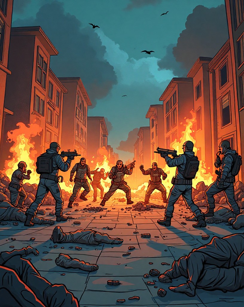 Attackers scattering back across the open square under raking fire.