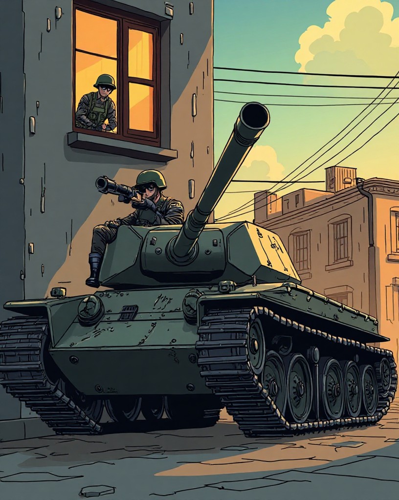 A tank pressed against the wall, unable to elevate its gun, watched from above.