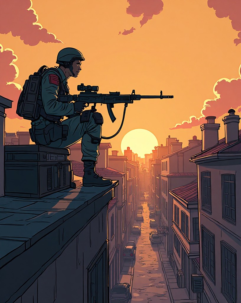 A soldier on the rooftop aiming an anti-tank rifle down into the street.