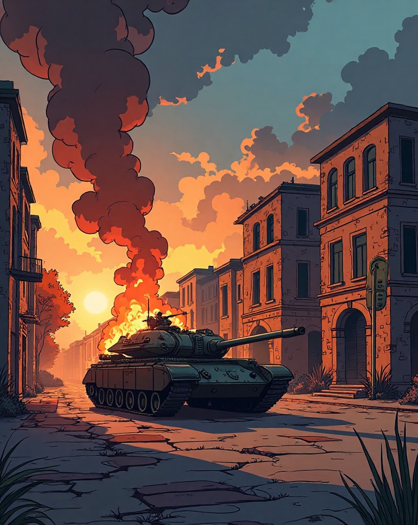 A tank burning in the open square, smoke drifting toward the building.