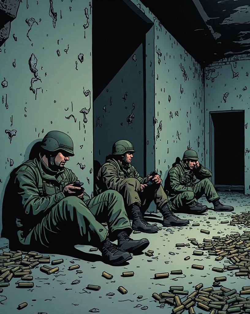 Exhausted soldiers resting in a battered room strewn with spent casings.