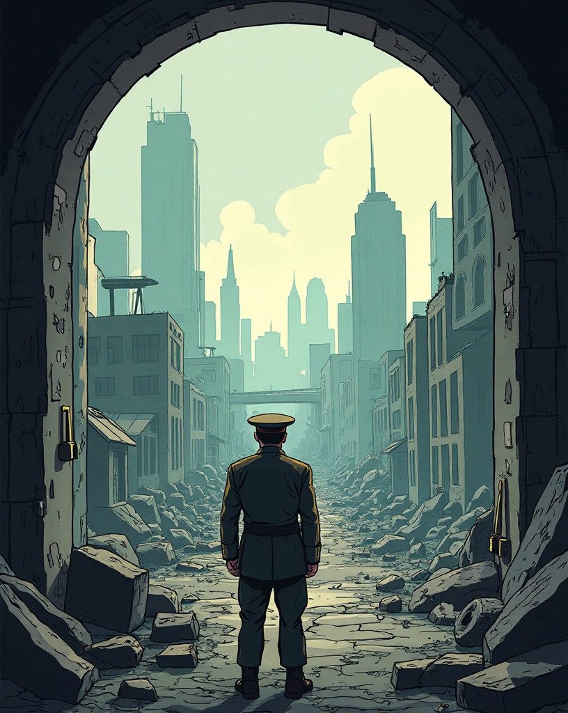 A general looking out over the ruined city from a bunker entrance.