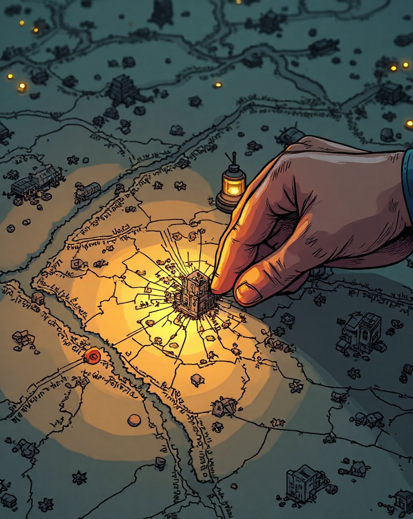 A hand marking the building as a strongpoint on a military map.