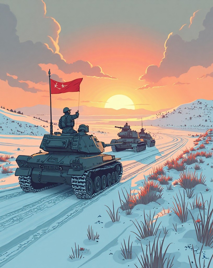 Soviet tanks and infantry advancing across snowy steppe at dawn.