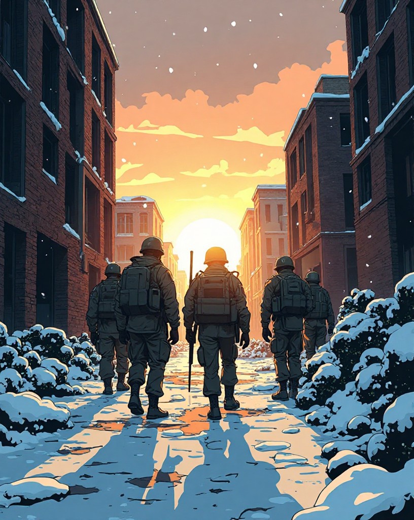 Soldiers walking out of the battered building into falling snow at dawn.