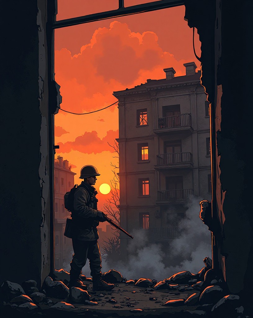 A lone Soviet soldier in the shattered window of a ruined apartment building at dusk, cel-shaded comic art.