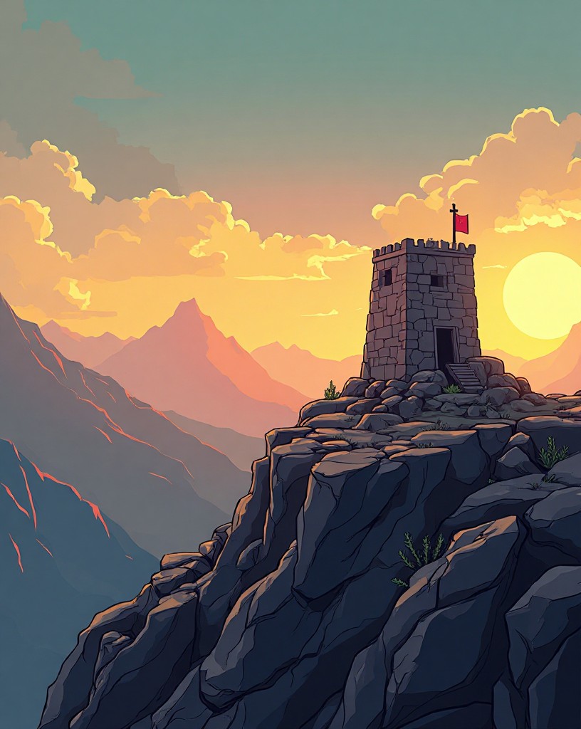 A small stone signaling post alone on a barren mountain ridge at dawn.