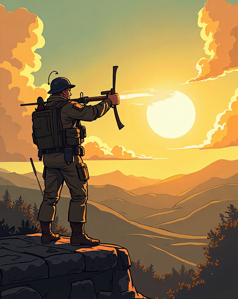 A soldier signaling with a heliograph mirror flashing in the sun.
