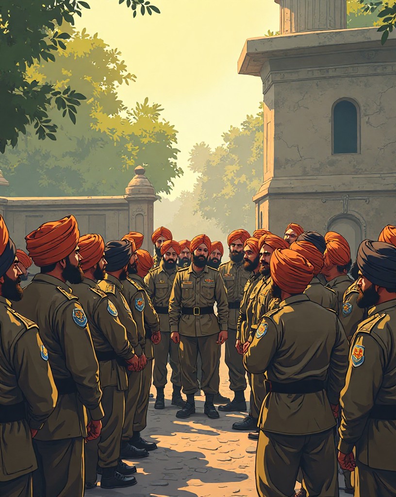 A small group of Sikh soldiers gathered inside the stone post.