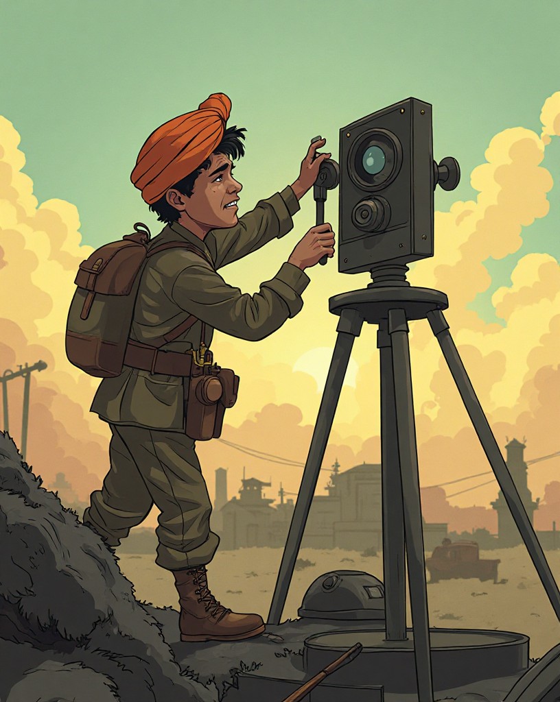 A young signaller working the heliograph urgently as the enemy approaches.