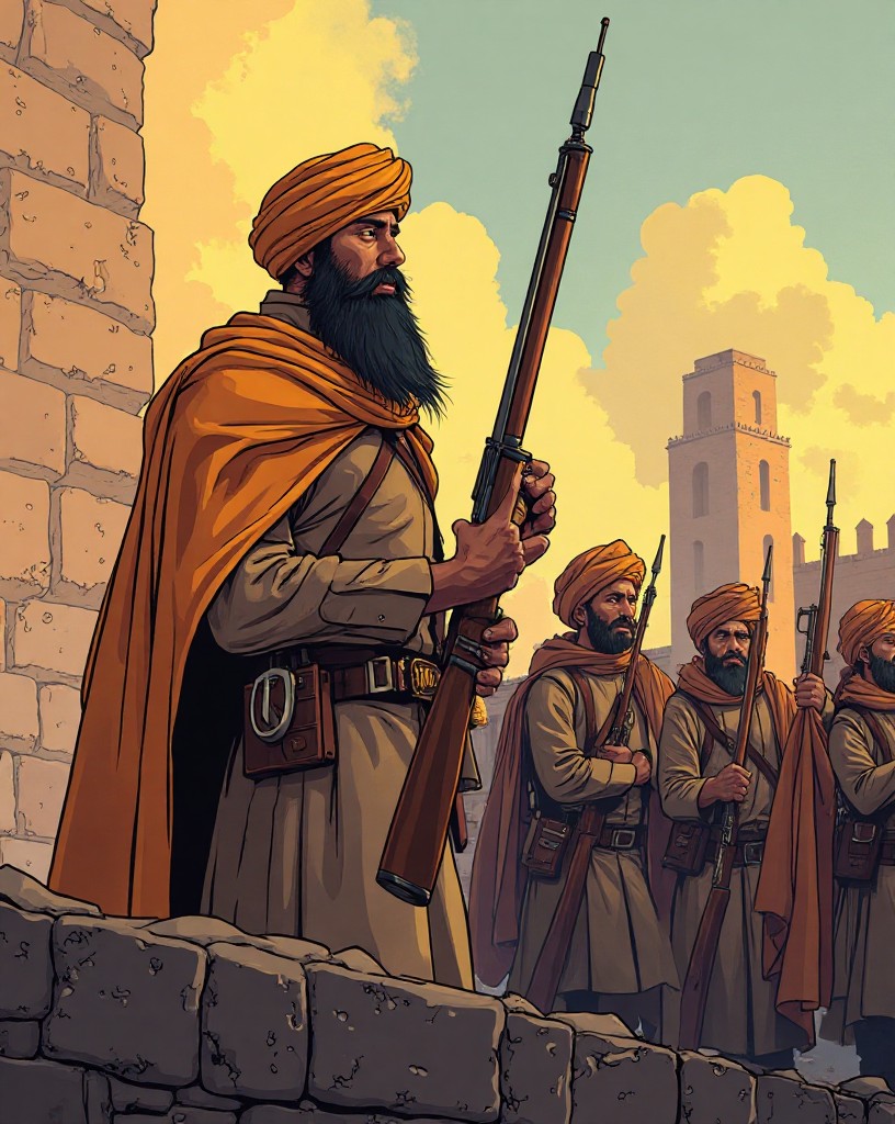 A Sikh havildar rallying his men along the wall, rifle in hand.