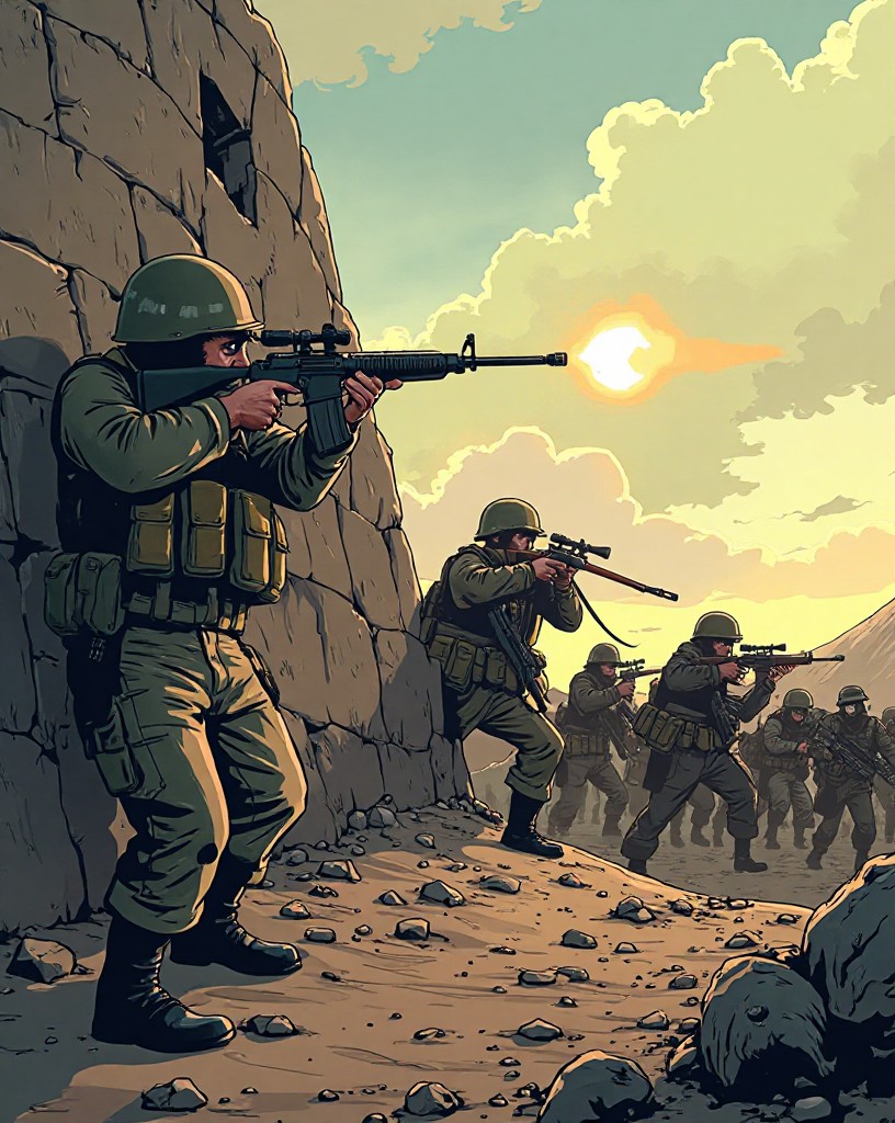 Defenders firing through loopholes as attackers charge up the slope.