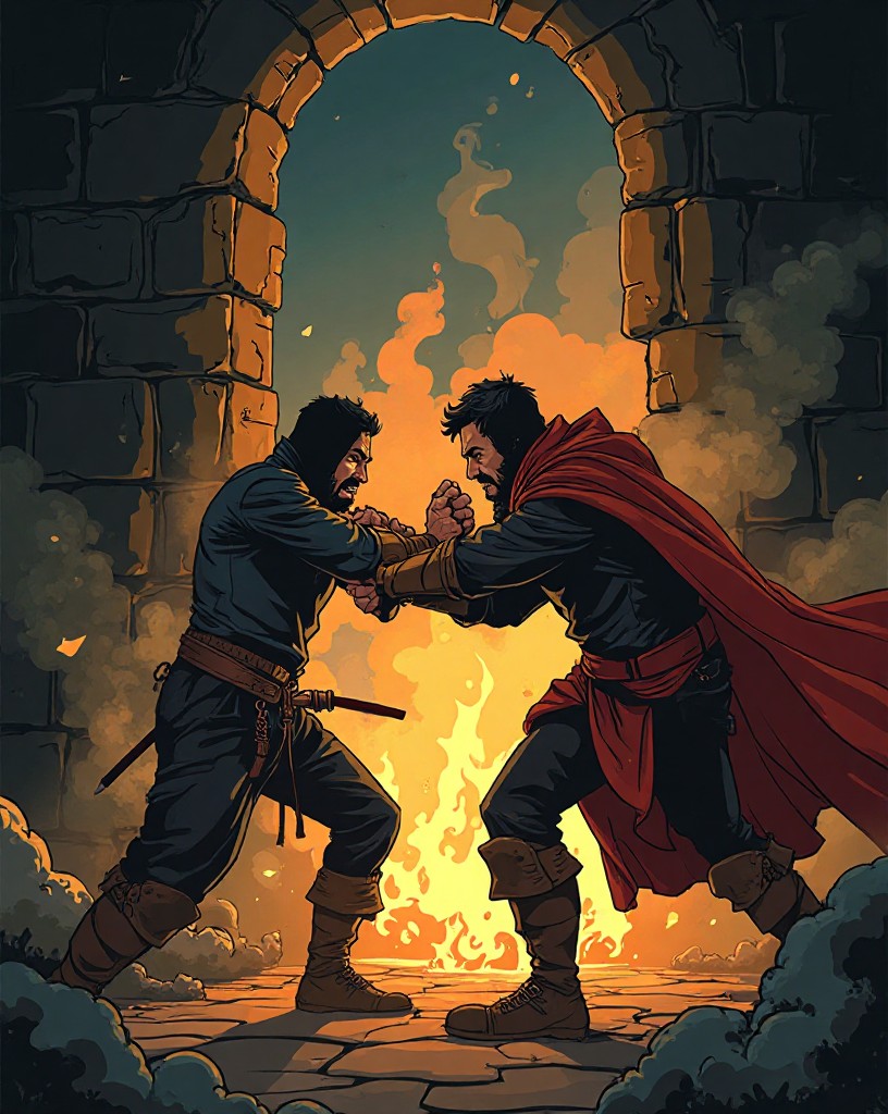 Hand-to-hand fighting inside the smoke-filled stone post.