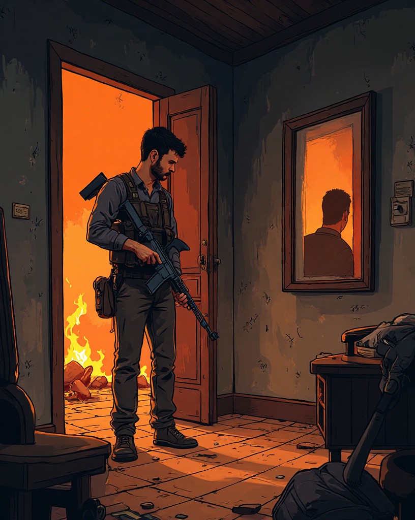 The lone signaller setting down the mirror and lifting his rifle in a burning room.