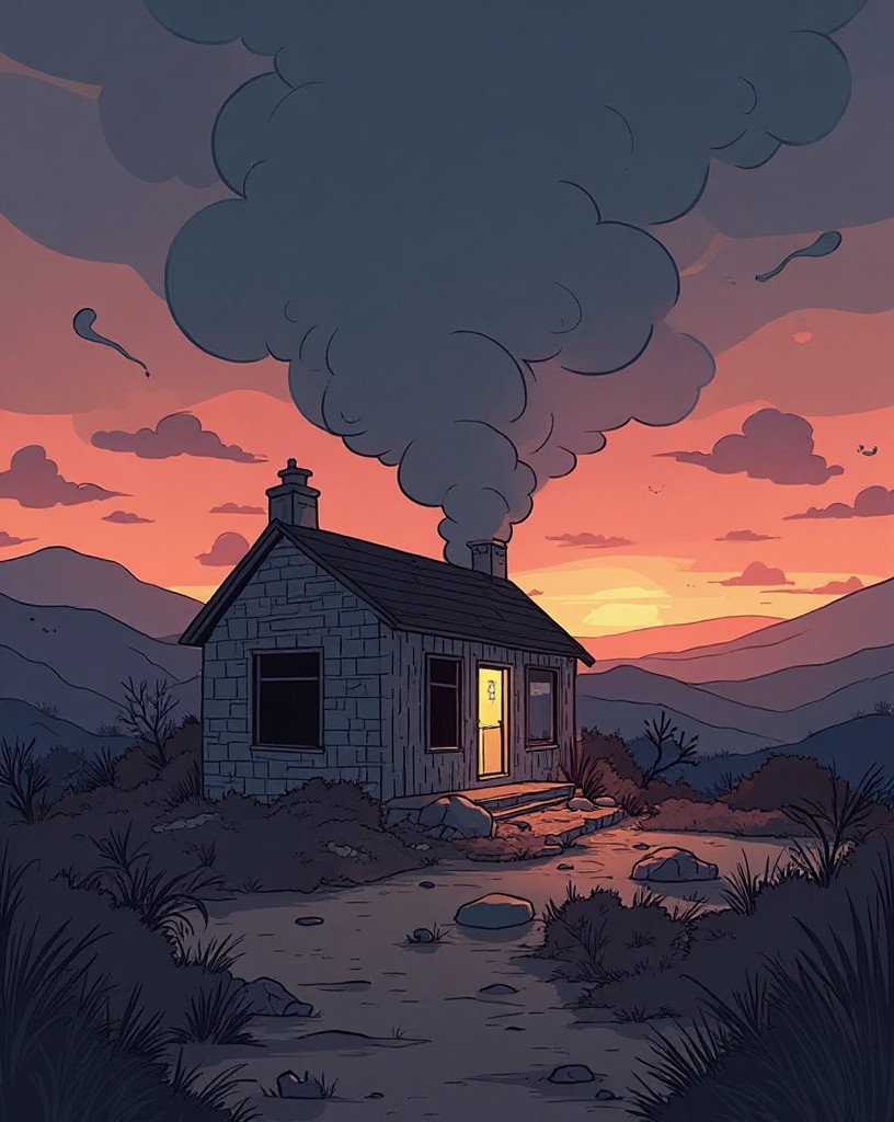 The quiet smoking ruins of the post at dusk against the bare hills.