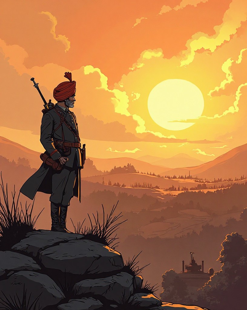 A Sikh soldier standing defiant on a stone rampart as a vast force masses on the hills, cel-shaded comic art.