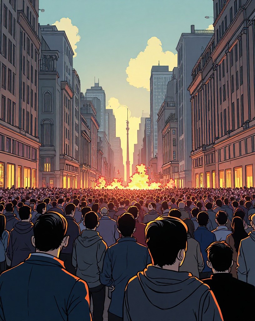 Crowds of civilians in a grand city square looking anxiously outward, barricades beyond.