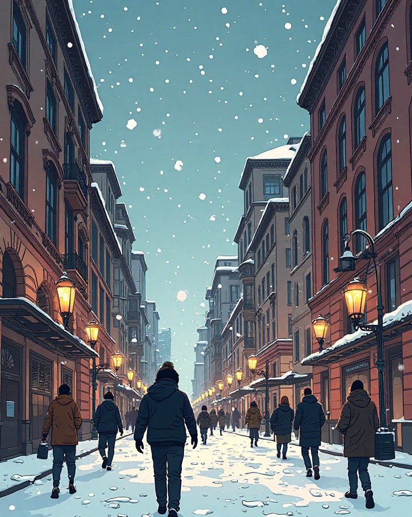 Snow falling on grand boulevards as shells burst among elegant buildings.