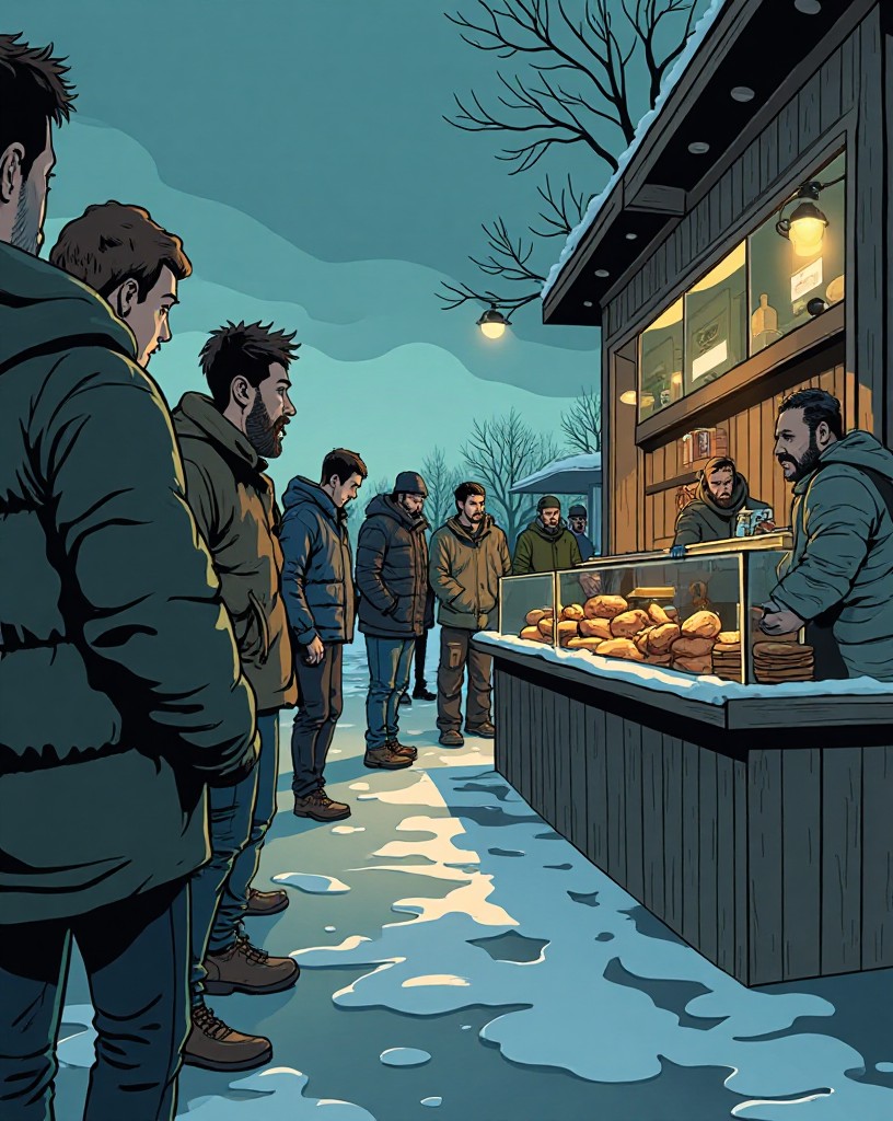 A thin hand receiving a tiny dark crust of bread, a frozen queue behind.