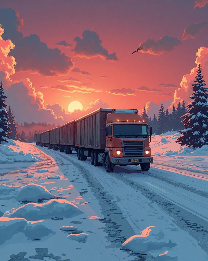 A line of trucks driving across a vast frozen lake at dusk, ice cracking.