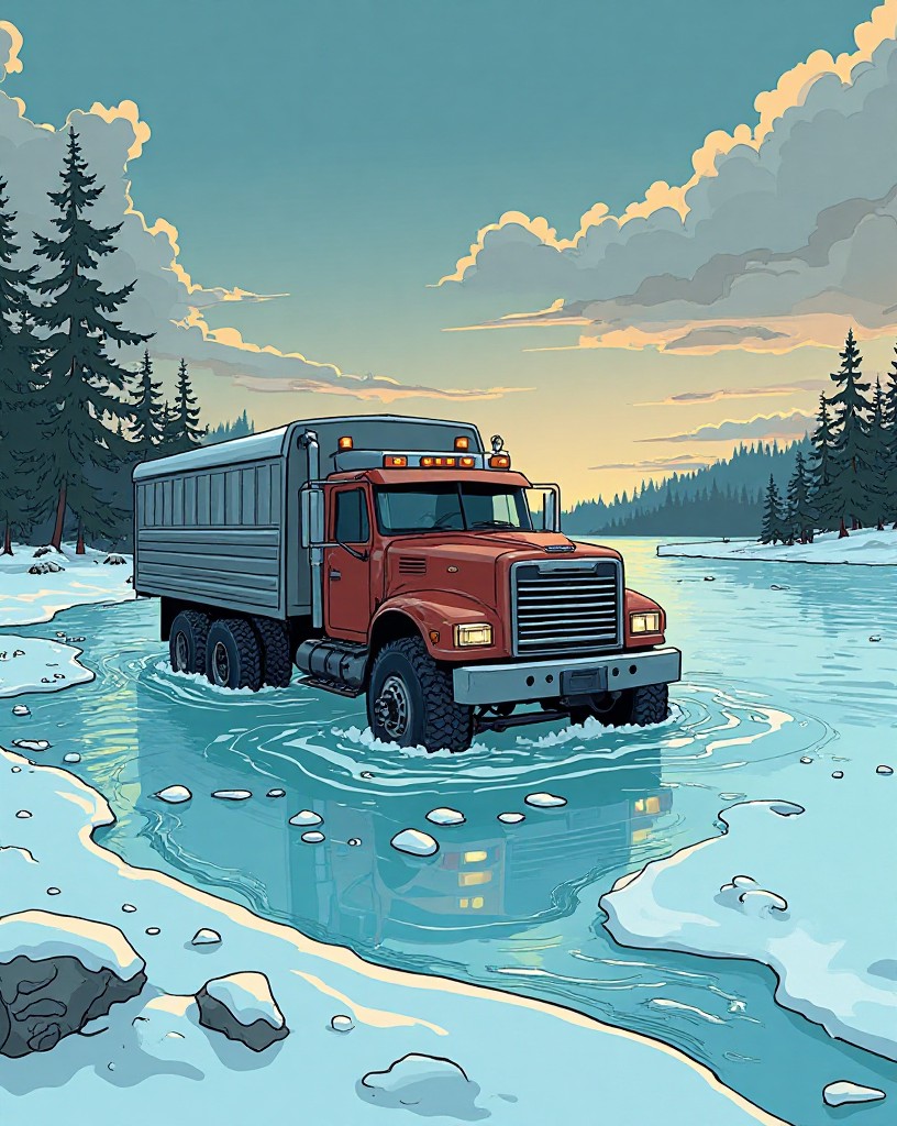 A truck half-sunk through broken lake ice as others steer carefully around it.