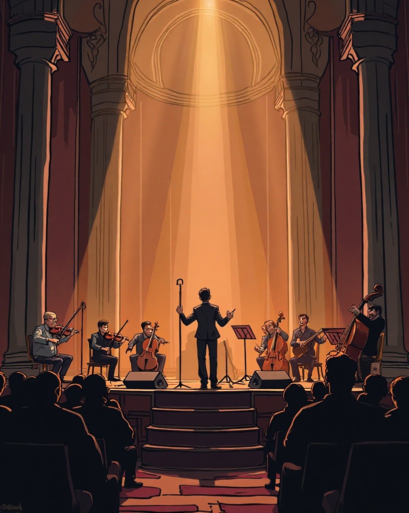 A gaunt orchestra performing in a grand hall by dim light before a thin audience.