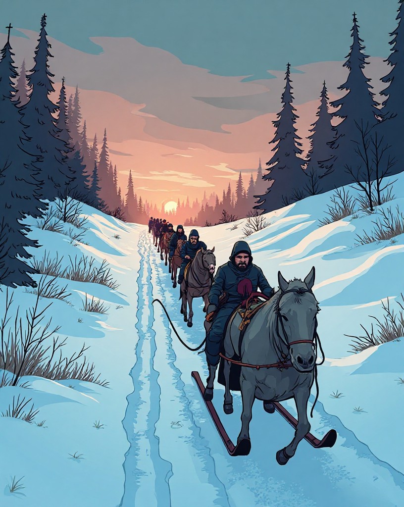 A long, silent procession of sleds through deep snow under a colorless sky.