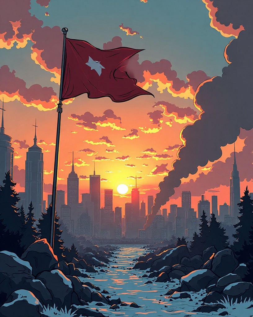 A defiant flag flying over a battered but standing city skyline at dawn.