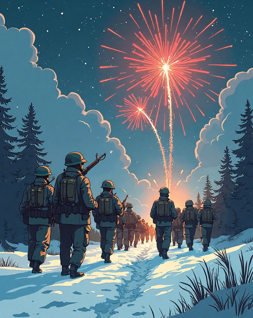 Soviet soldiers advancing through snow to break the encirclement, relief flares above.