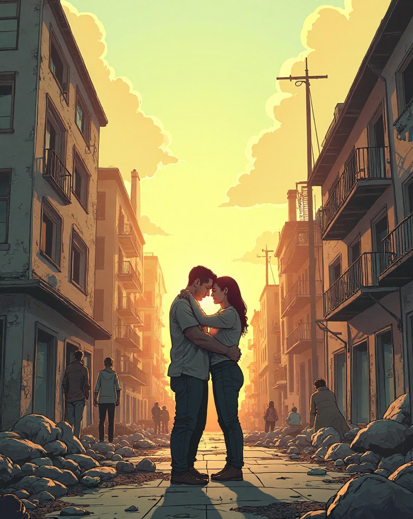 Survivors emerging into pale sunlight in a scarred but living city, embracing.