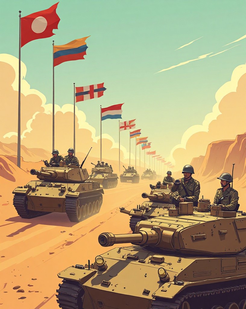 Long columns of tanks and troops massing in a desert under flags.