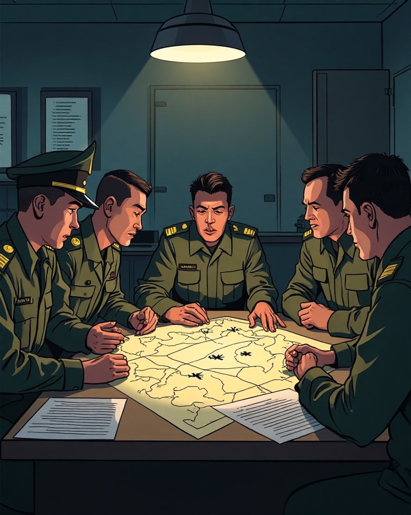 Officers around a war-room map studying airfield positions.
