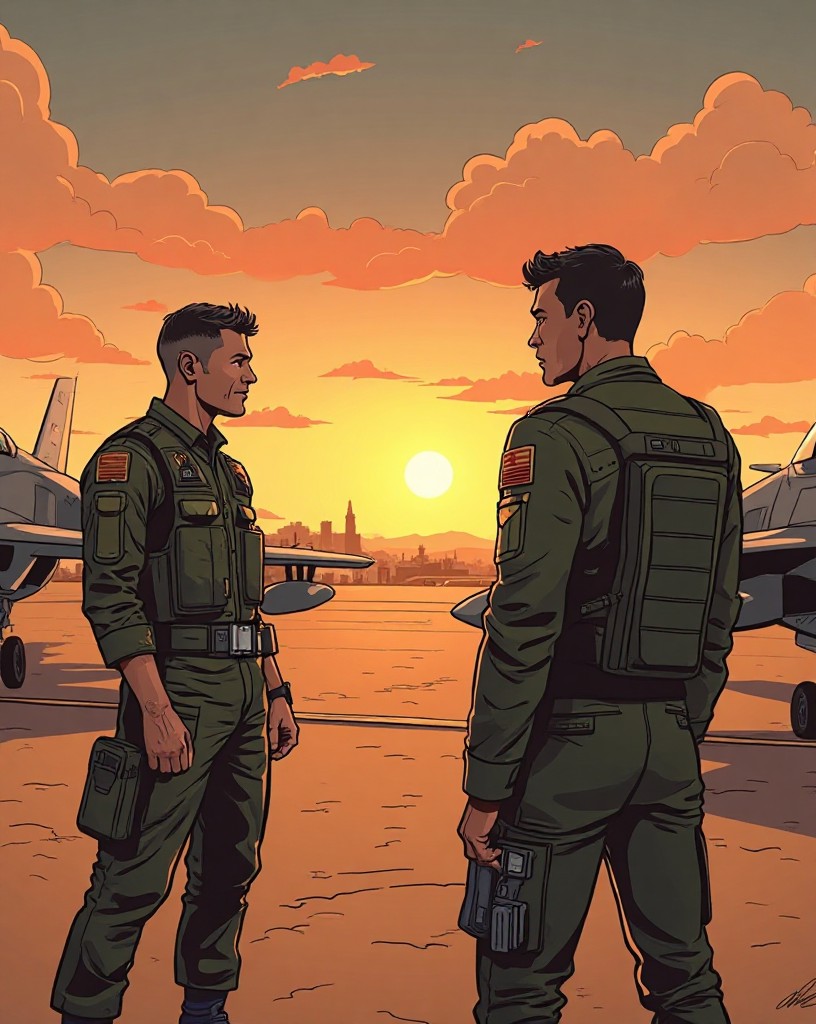 A commander briefing pilots before dawn beside fighter jets on a desert airfield.