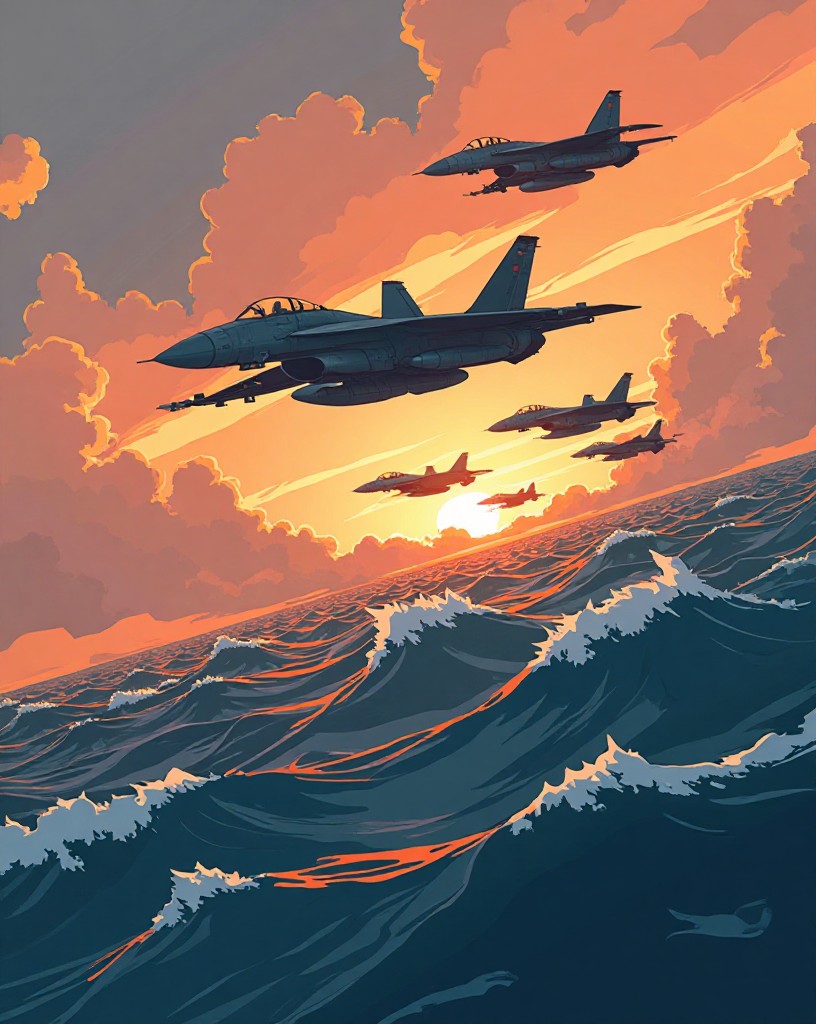 Waves of fighter jets skimming low over open water at first light.