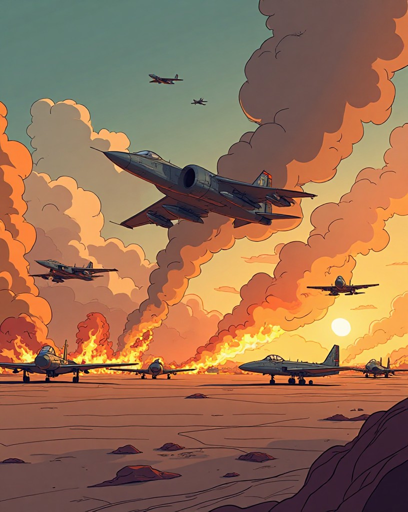 Rows of parked aircraft burning on a desert airfield as jets streak overhead.