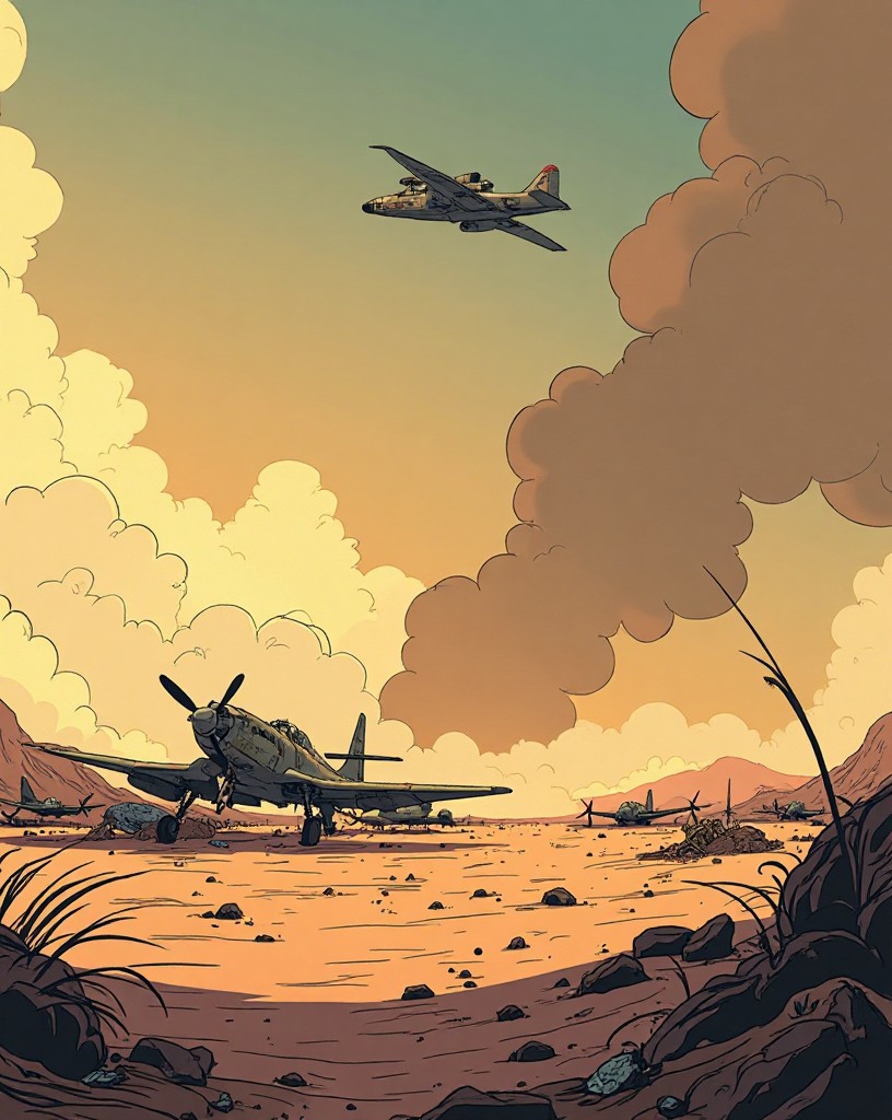 A desert airfield strewn with wrecked planes under a smoke-streaked sky.