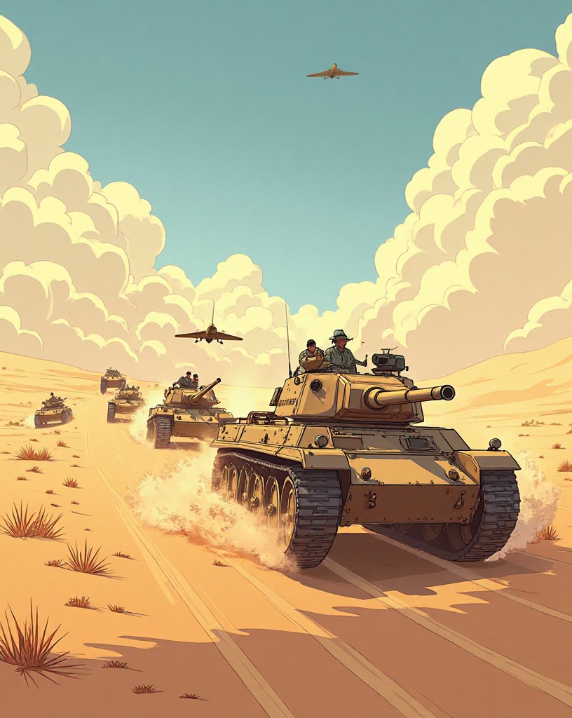 Columns of tanks racing across open desert with aircraft overhead.