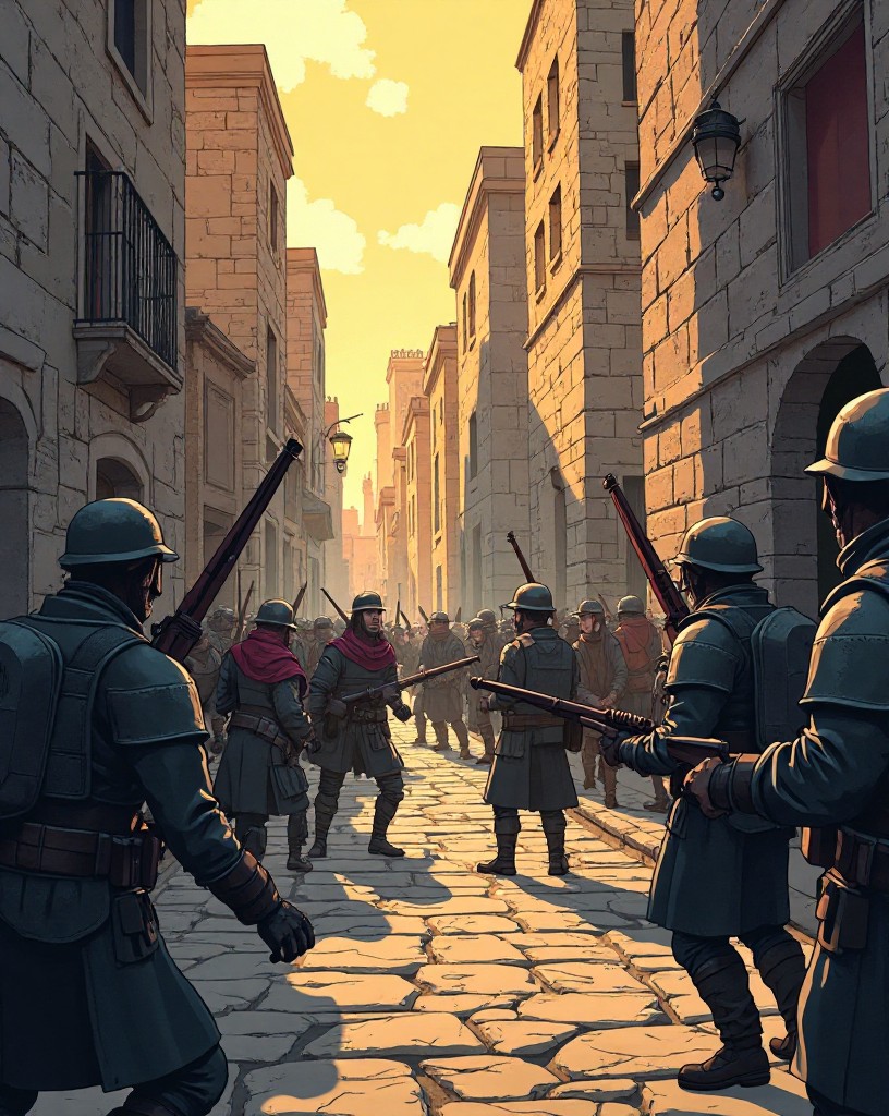 Soldiers fighting through narrow stone alleys of an ancient walled city.