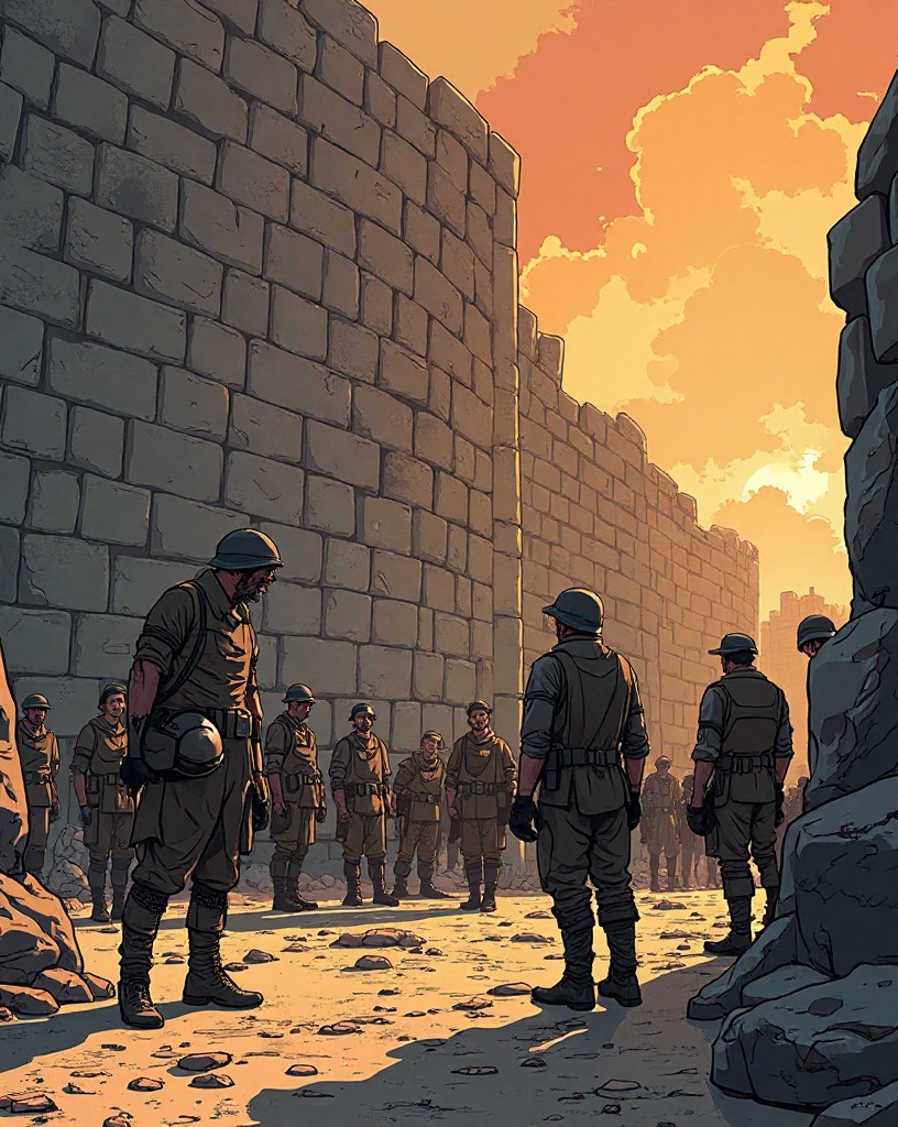 Exhausted soldiers standing in awe before a great ancient stone wall.