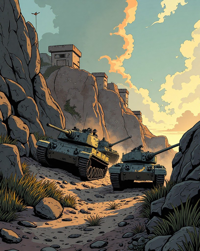 Infantry and tanks climbing a steep fortified hillside toward bunkers under fire.