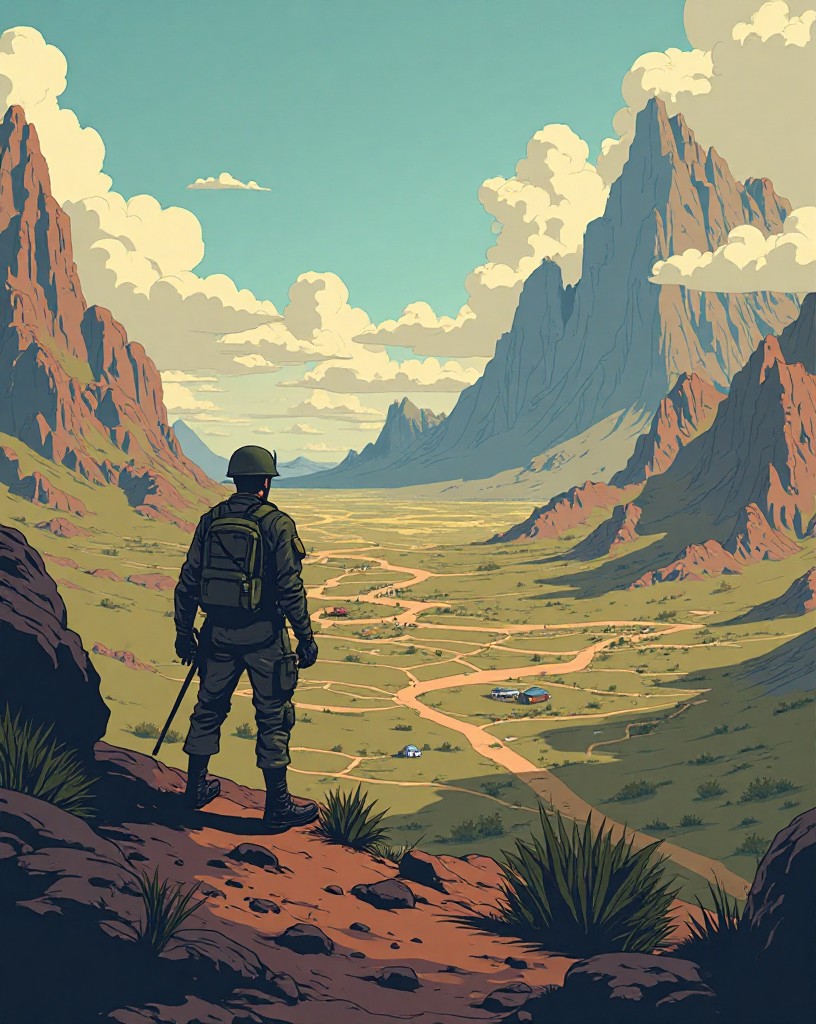 A soldier looking out over newly held territory, a wide regional landscape.