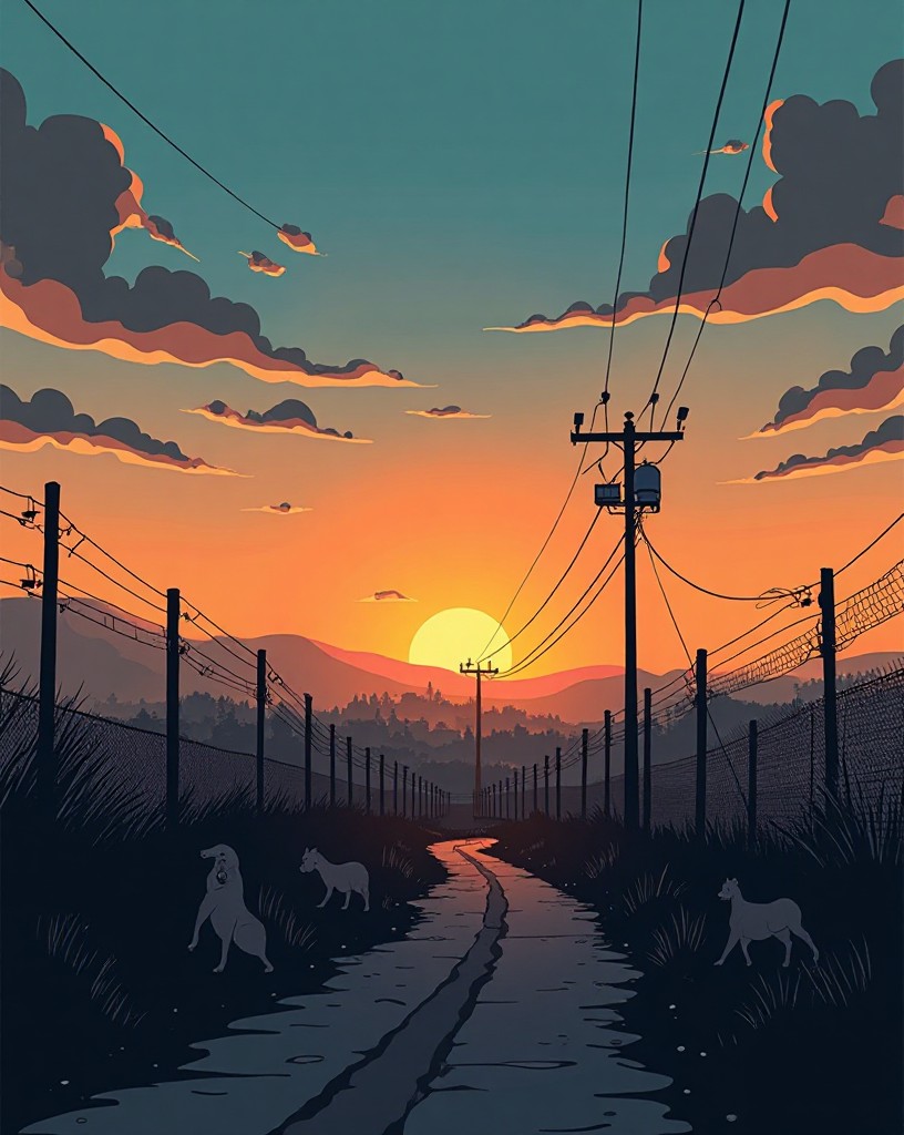 A quiet contested landscape at dusk with a fence and a distant town.