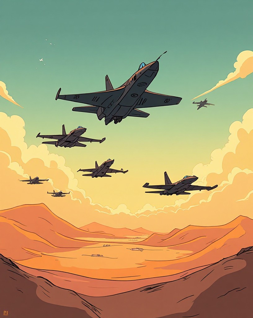 Fighter jets flying low over a desert at dawn toward distant airfields, cel-shaded comic art.