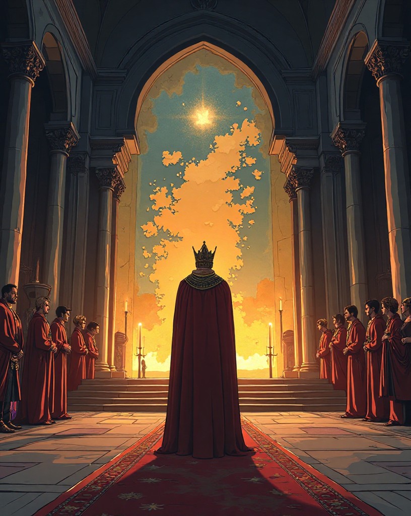A king in a vast map room before a model fleet, commanding and certain.