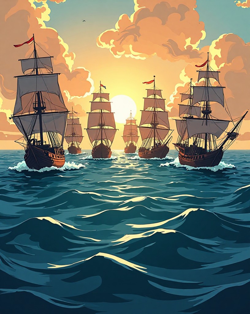 An immense fleet of tall galleons in a crescent formation filling the sea.