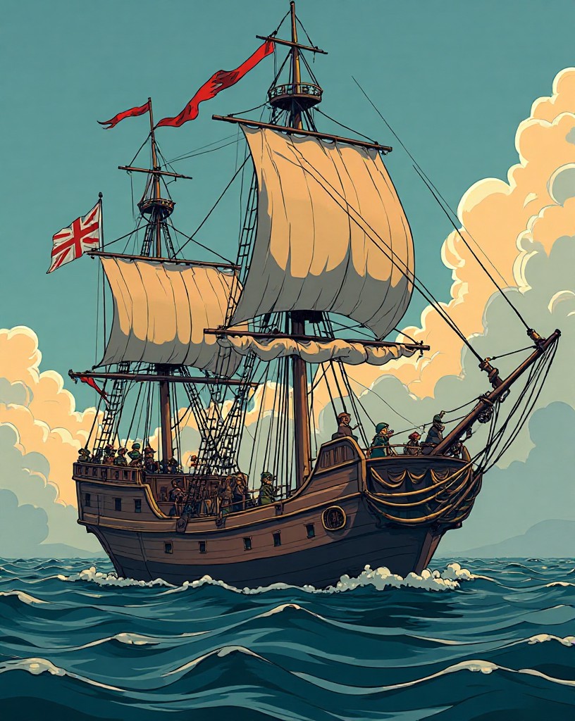 Sleek low English galleons putting to sea from a harbor, agile and ready.