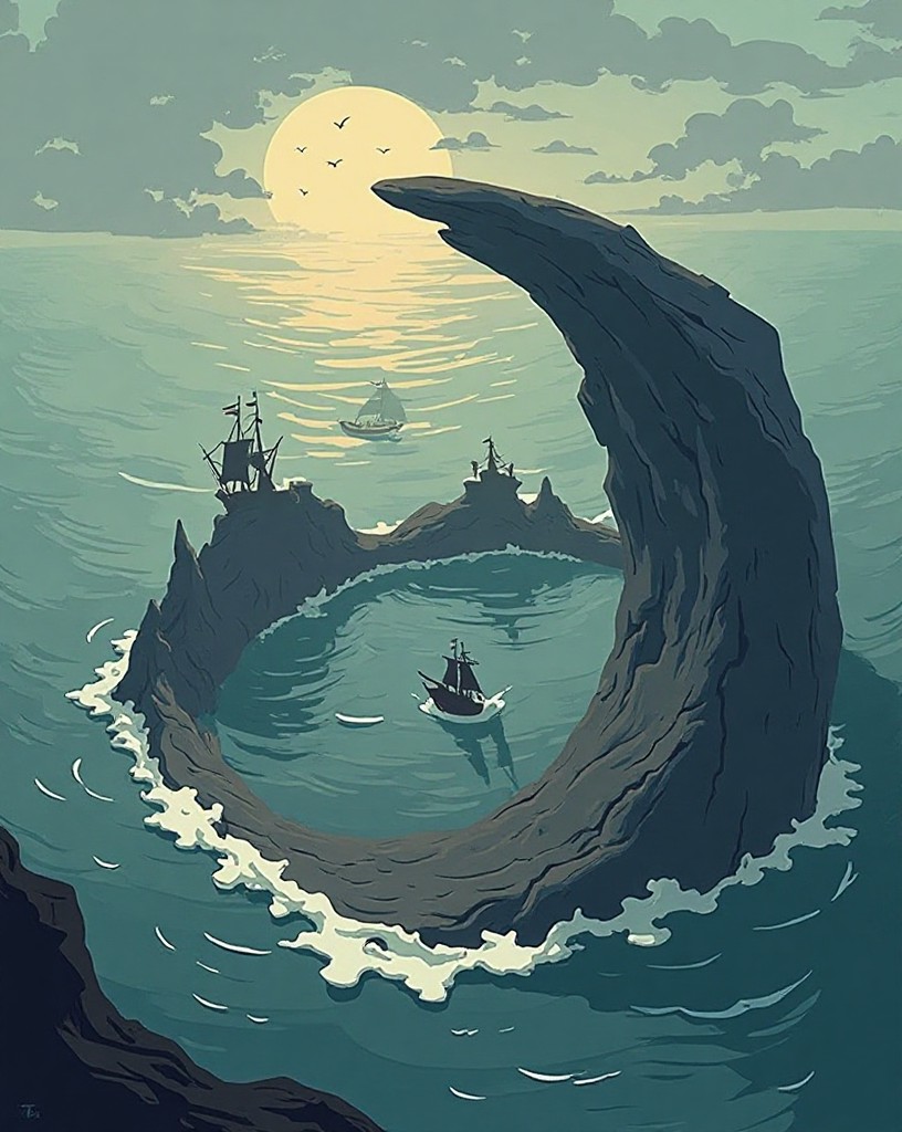 The great crescent formation on a grey sea, English ships circling its edges.